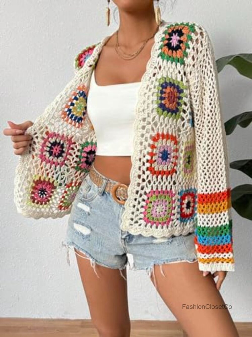 Women's Floral Crochet Cardigan Hollow Out Open Front Long Sleeve Sweater - Picture 4 of 7